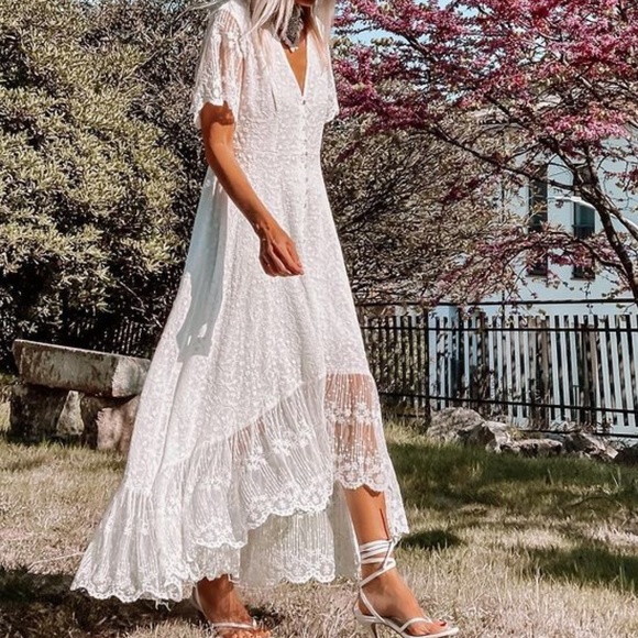 Bohemian White Embroidered Floral Button up Mesh Ruffle Hem Dress - Picture 3 of 6